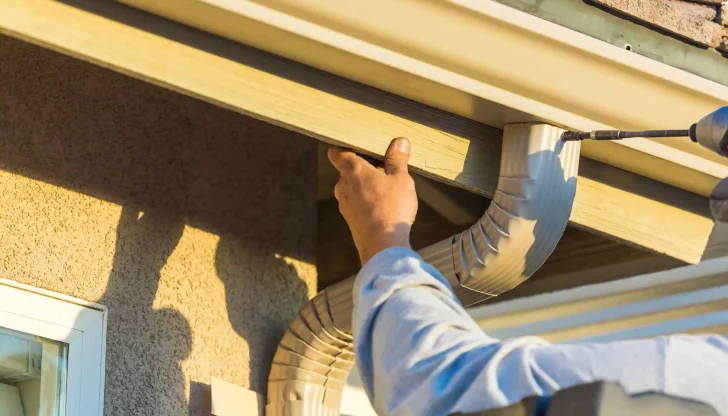 A person installs a gutter using a power drill on the side of a house.