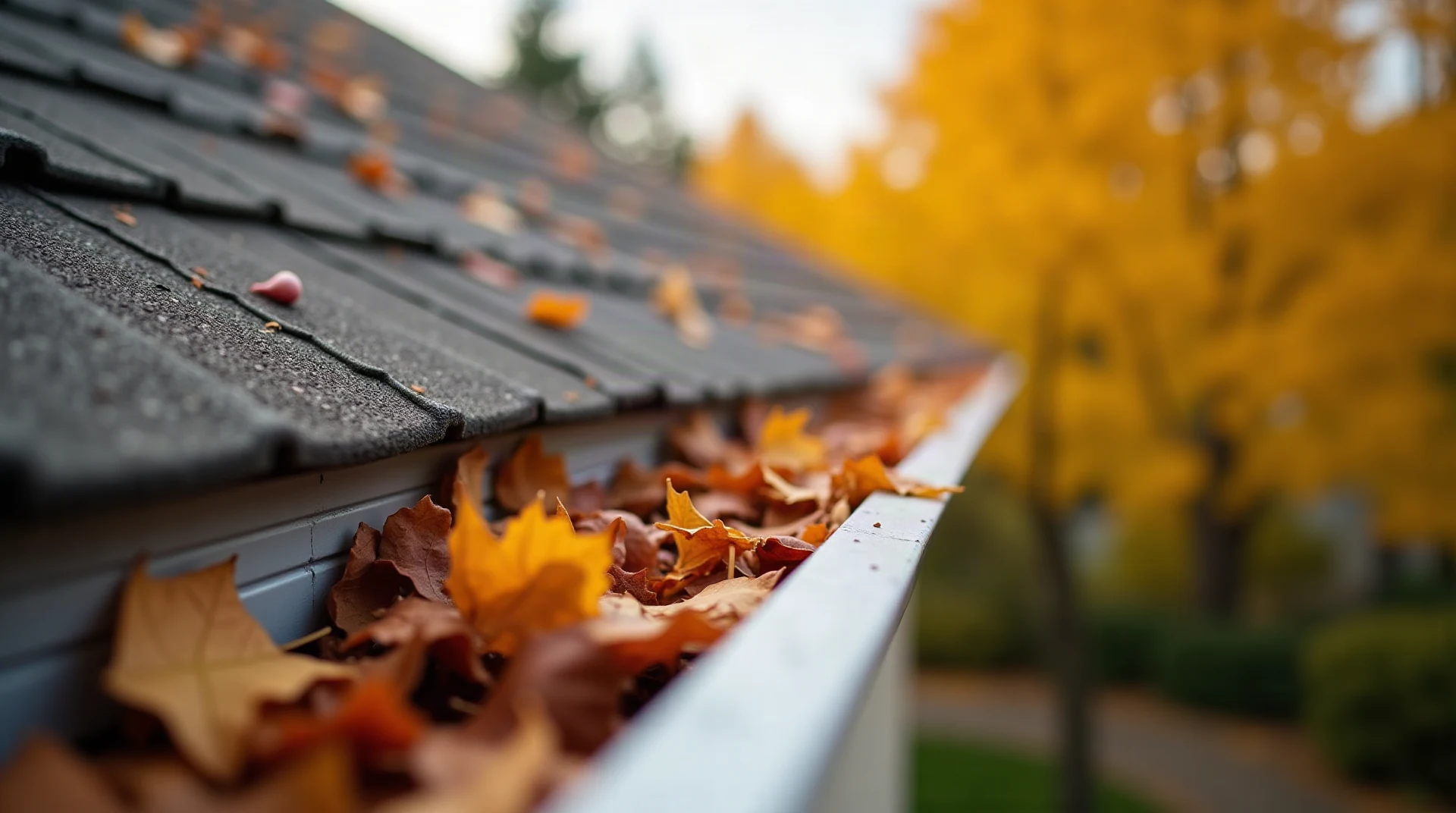 Photograph close-up of a residential rain gutter half full of autumn leaves and twigs at the roof edge, golden fall trees in the background, shallow depth of fi
