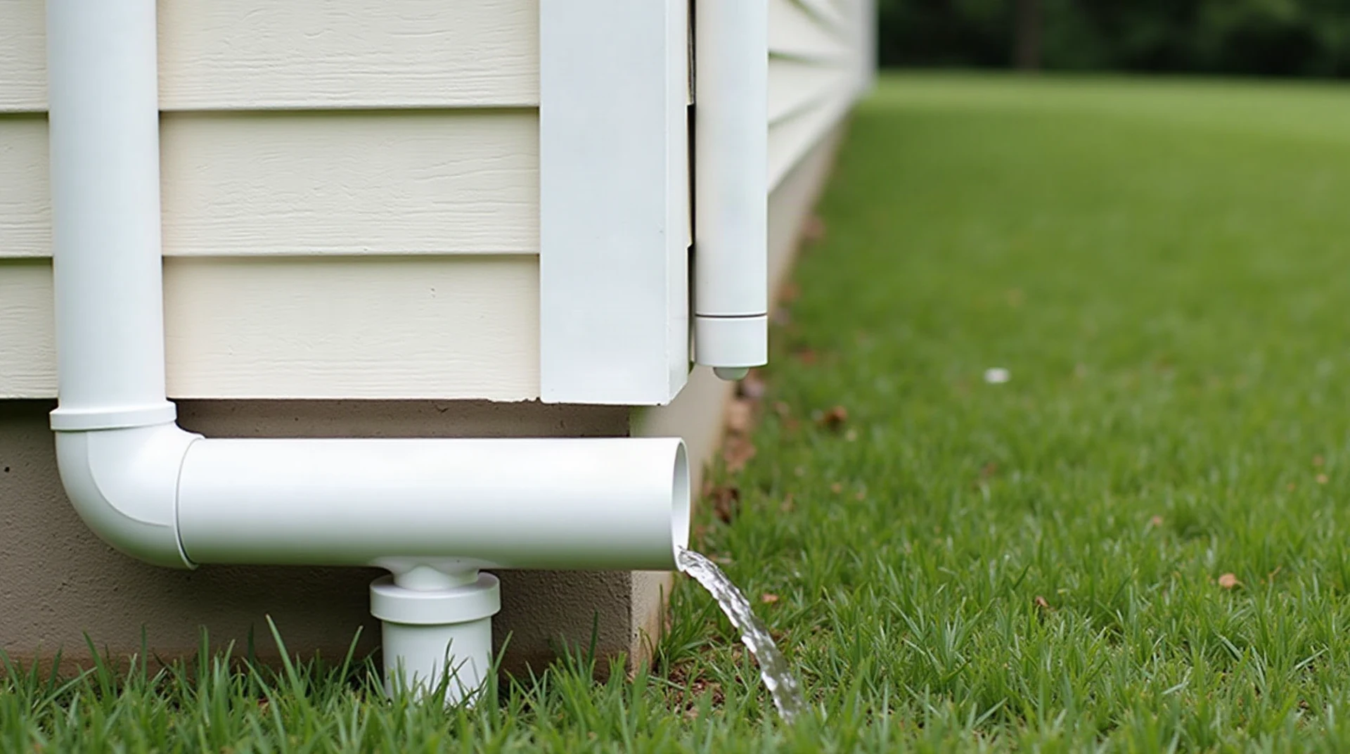 Photograph of a white aluminum downspout on the corner of a craftsman house with a downspout extension carrying rainwater onto a green lawn away from the founda