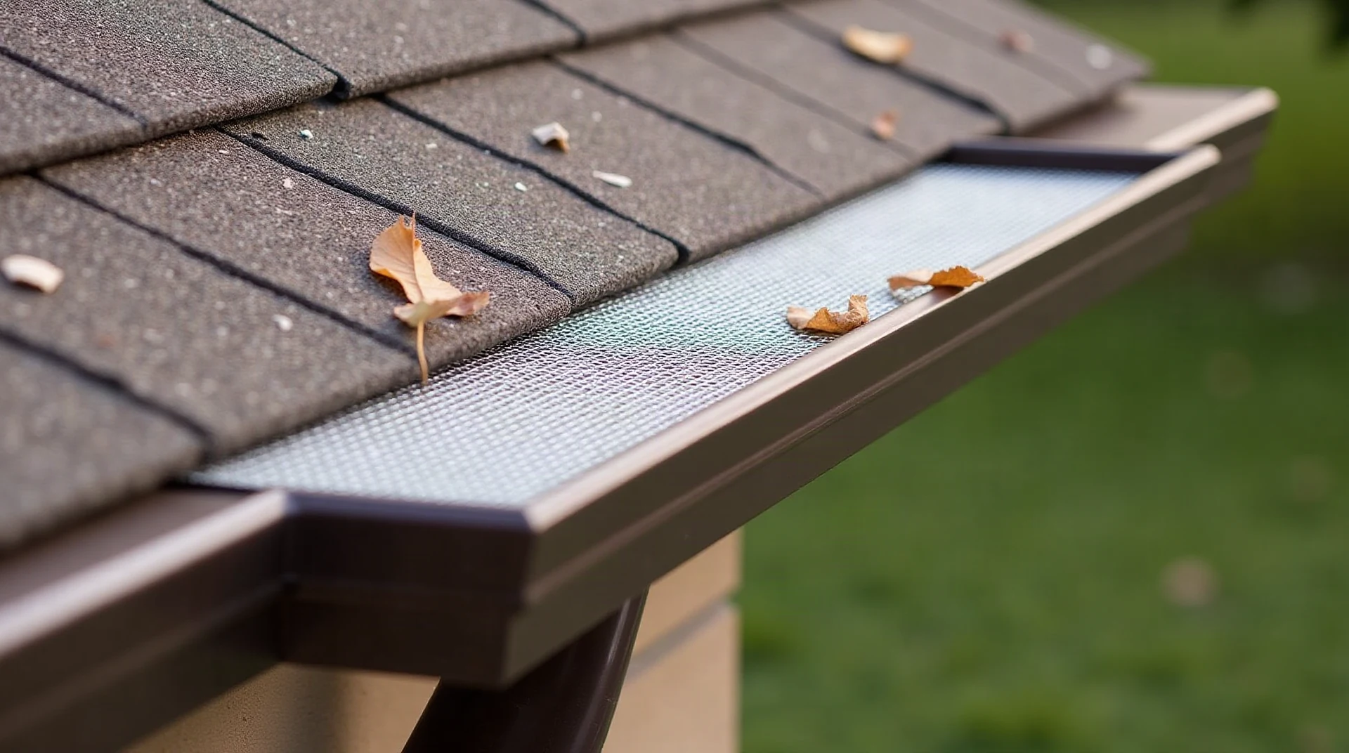 Photograph of a stainless steel micro-mesh gutter guard installed on a dark bronze seamless gutter along a shingle roof edge, a few dry leaves resting on top, s