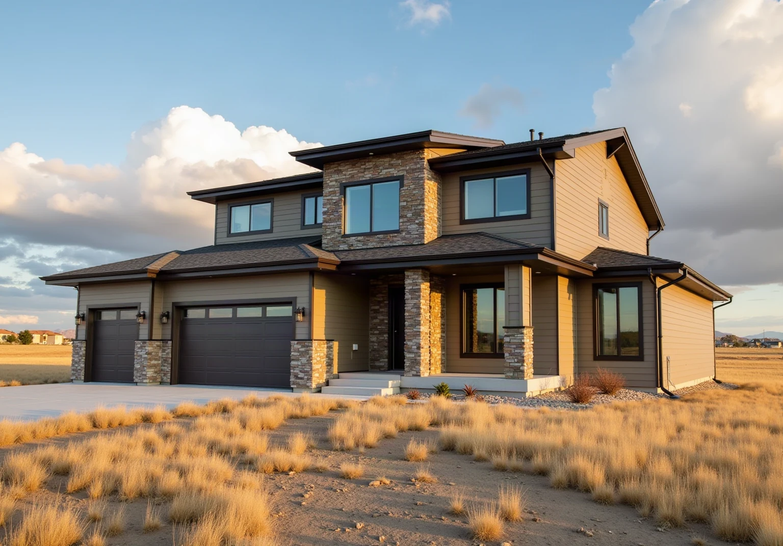 Photograph of a modern two-story home in Billings Montana with dark seamless gutters and downspouts, rimrock sandstone cliffs and a huge big sky with clouds abo