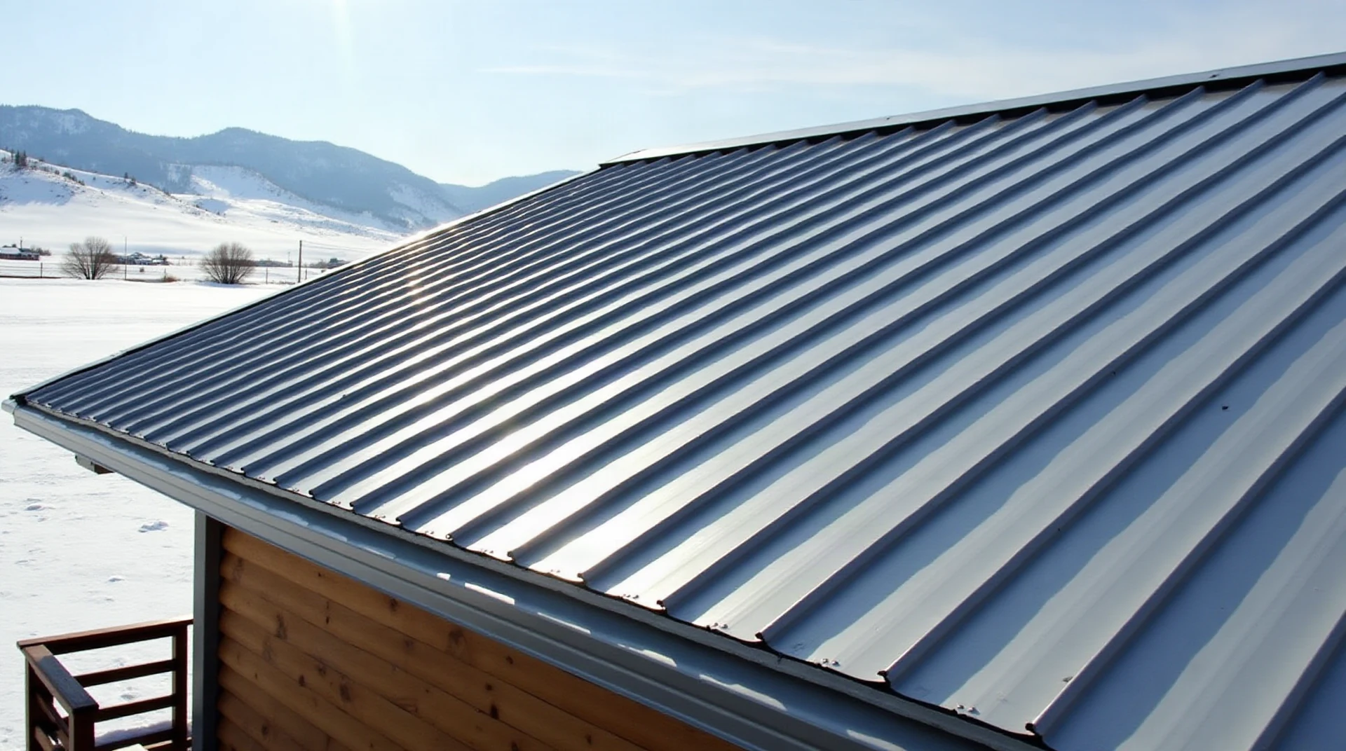 Photograph of a standing seam metal roof on a Montana ranch house in winter with a continuous row of galvanized snow break guards holding back snow above the gu